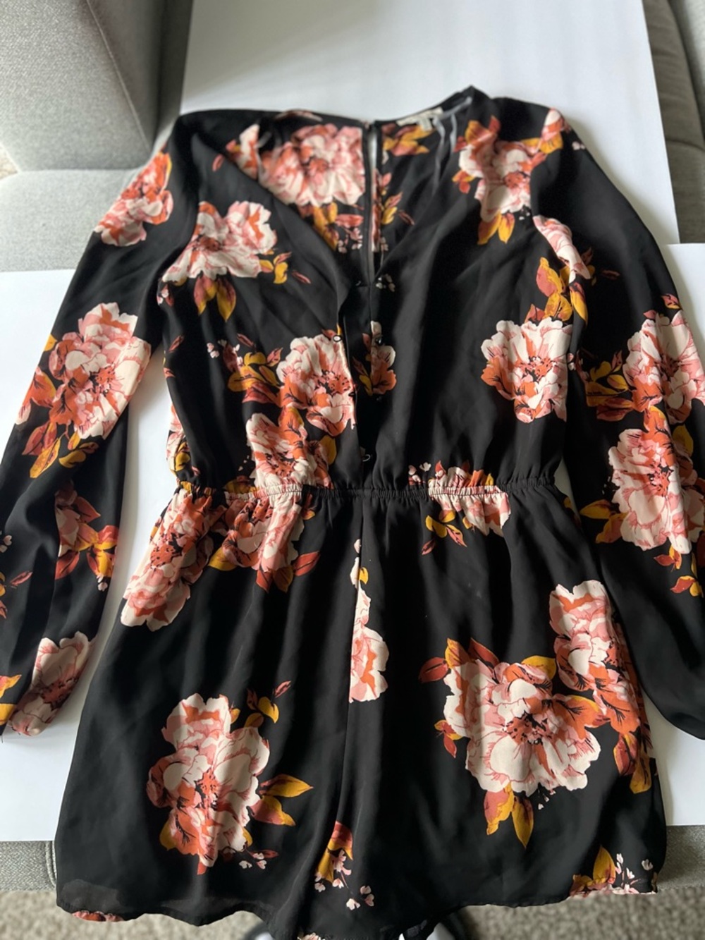 Charlotte Russe Black Long-Sleeve Floral Romper with Pink & Mustard Blooms